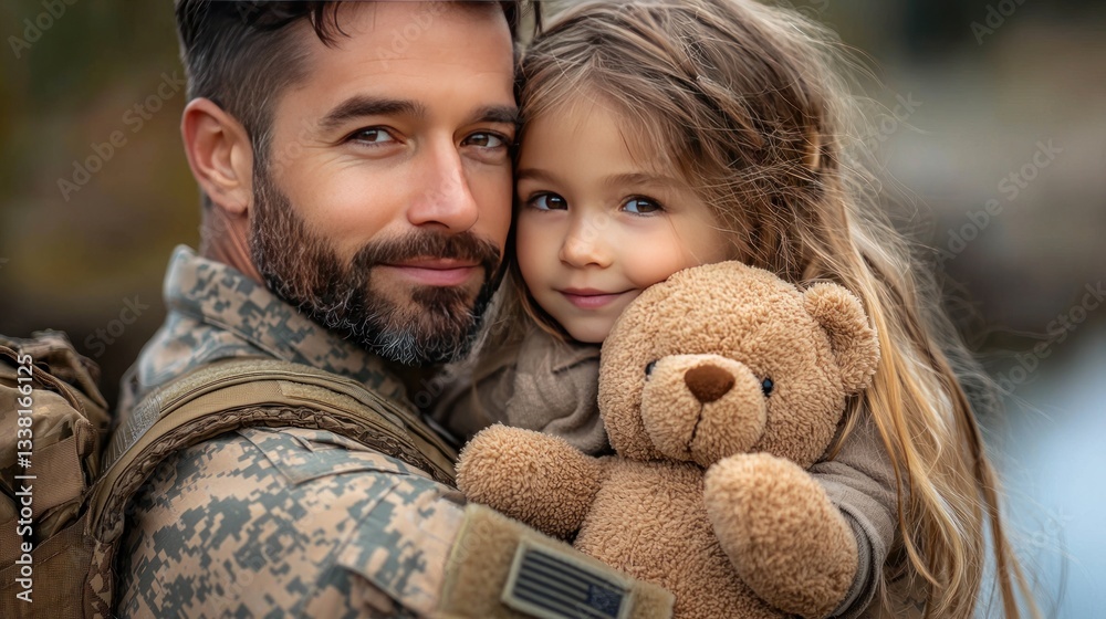 Obraz premium Soldier reunites with daughter outdoors, autumn