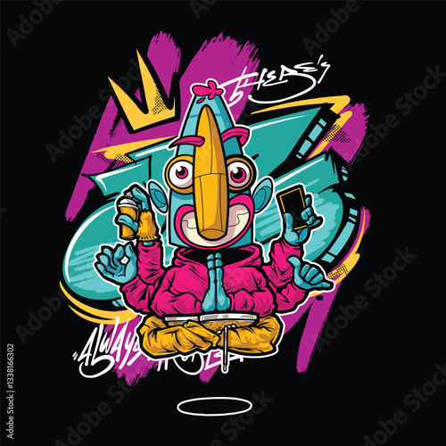 A vibrant and colorful graffiti-style vector illustration featuring a street art character