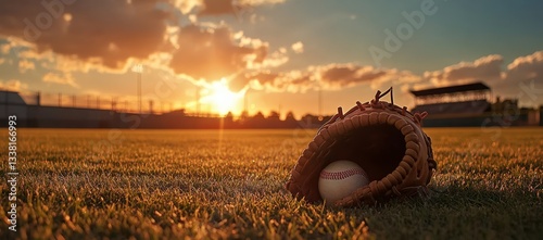 Fototapeta Naklejka Na Ścianę i Meble -  A baseball glove and ball are on a field at sunset