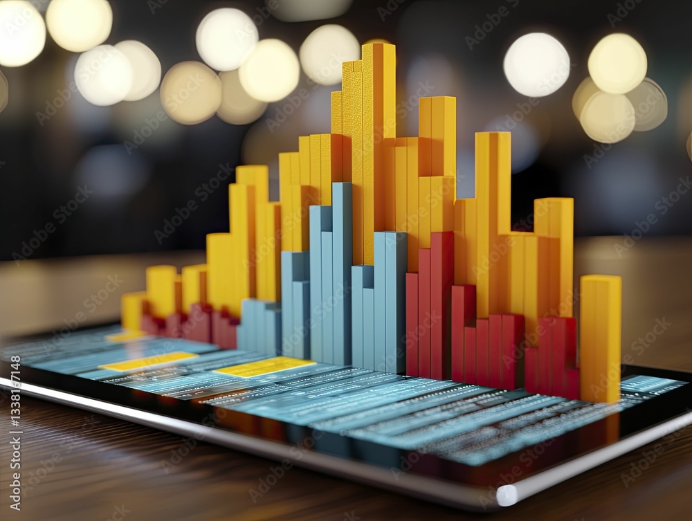 Obraz premium A visually striking stock market forecast tool displayed on a tablet, with colorful data points and analytics.
