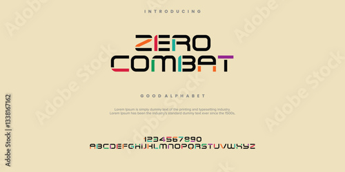 ZERO COMBAT Modern abstract digital alphabet font. Minimal technology typography, Creative urban sport fashion futuristic font and with numbers. vector illustration