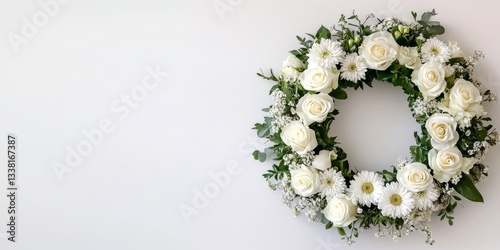 White flowers funeral wreath lying on white background with copy space