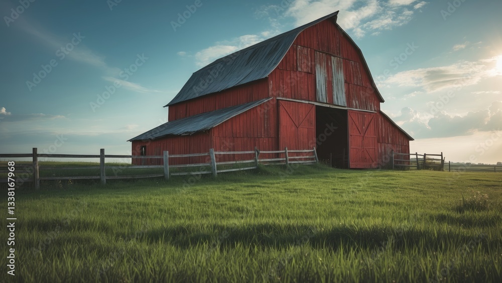A red barn with a sloped roof is located in a grassy meadow. The barn is enclosed by a wooden fence. The sky is clear and sunny. The atmosphere is tranquil and calm. A red barn with a sloped roof is located in a grassy meadow. The barn is enclosed by a wooden fence. The sky is clear and sunny. The atmosphere is tranquil and calm.