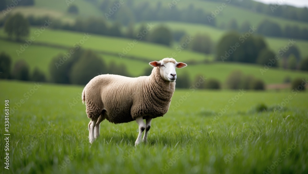 Fototapeta premium A solitary joyful sheep in a lush field from sustainable wool production and animal care and welfare environmental respect traveling.