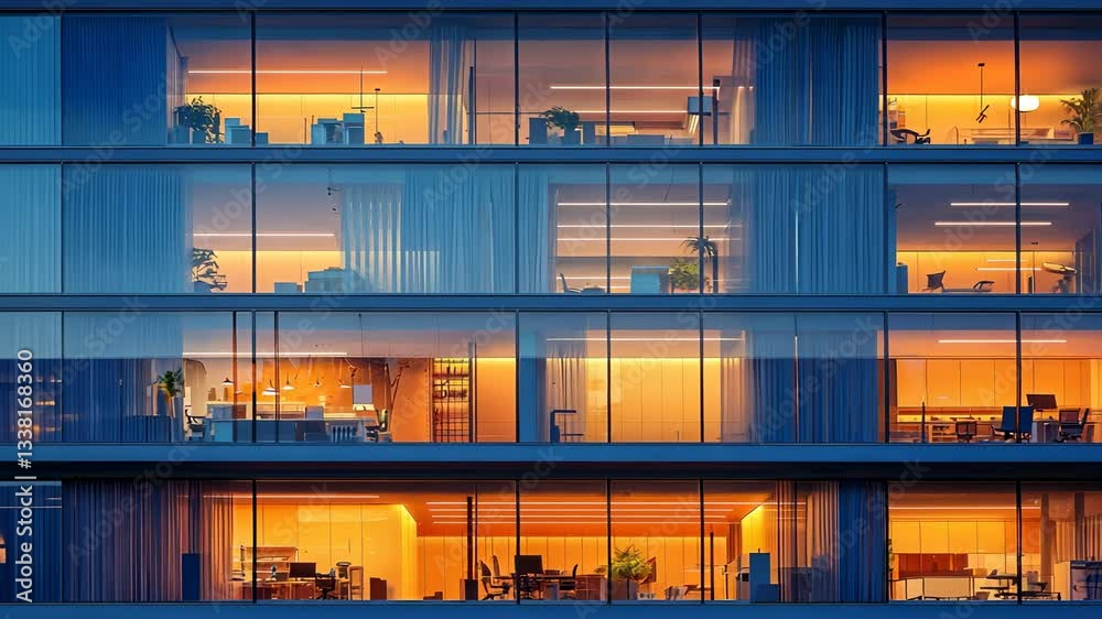 Exterior view of a modern office building with warm interior lighting illuminating various workspaces. Exterior view of a modern office building with warm interior lighting illuminating various workspaces.