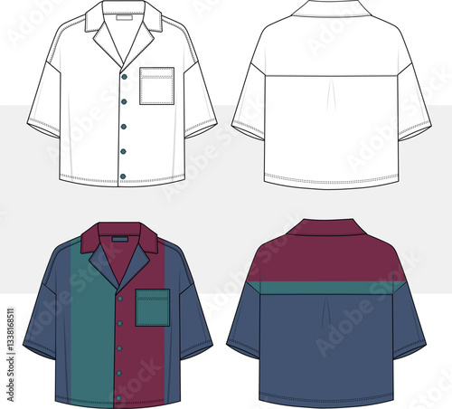 Men's color block Shirt with pocket, short Sleeve Shirt, Lapel Collar Shirt front and back view. Fashion Illustration, Vector, Technical Drawing, Flat Drawing, Cad, Mockup.
