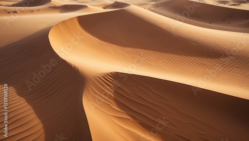Fototapeta Naklejka Na Ścianę i Meble -  Aerial perspective of golden sandy desert texture lines and patterns. Top view of the surface at the dunes abstract landscape.