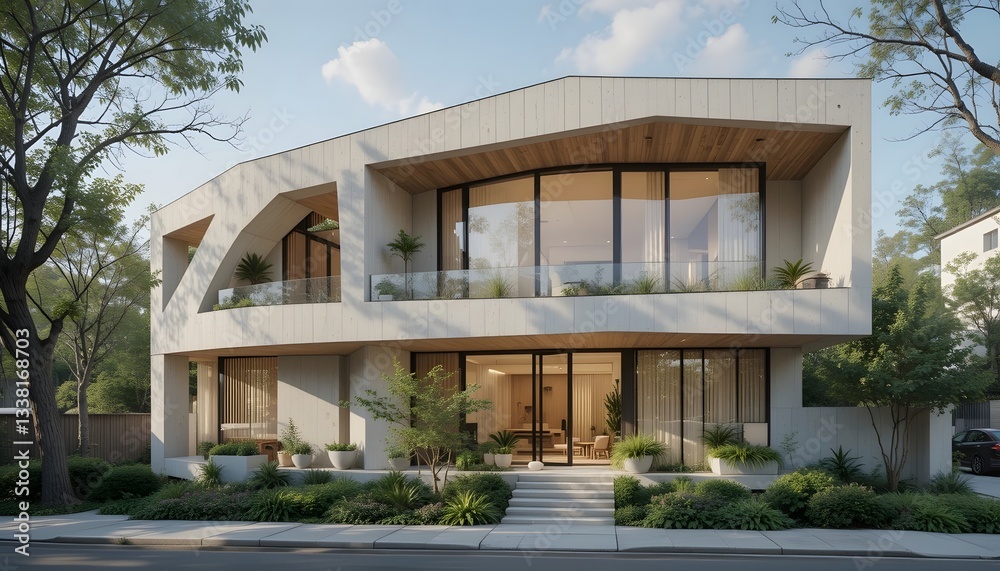 A modern architectural design featuring large glass windows, clean lines, and surrounding greenery, creating an inviting and stylish residential space. A modern architectural design featuring large glass windows, clean lines, and surrounding greenery, creating an inviting and stylish residential space.