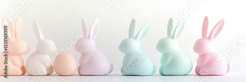 Pastel Bunnies And Egg In A Row With Soft Lighting