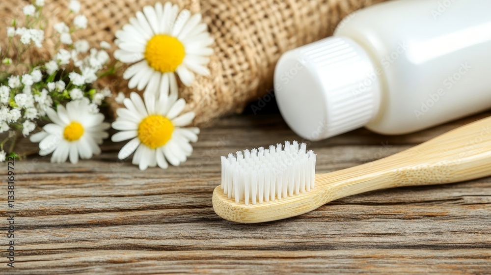 Natural toothbrush with flowers and toothpaste