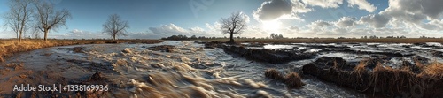 Panoramic View of a Flooded Field with Bare Trees and Flowing Water. Generative AI