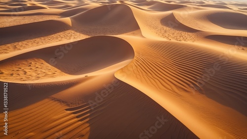 Fototapeta Naklejka Na Ścianę i Meble -  Aerial perspective of golden sandy desert with textured lines and patterns. Top view of the dunes presenting an abstract landscape.