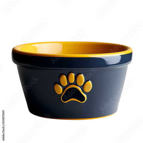 3D icon of a dog bowl in blue and yellow colors isolated on transparent white background, clipping path, pen tool.