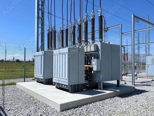 Modern electrical substation with transformers and high-voltage equipment under clear sky.