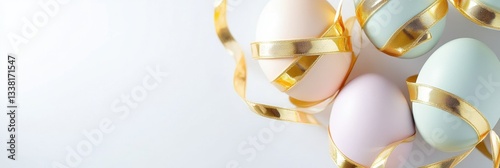 Pastel Eggs Wrapped In Gold Ribbon On White Surface.