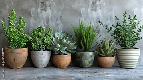 A row of potted plants with different sizes and shapes, including a tall one