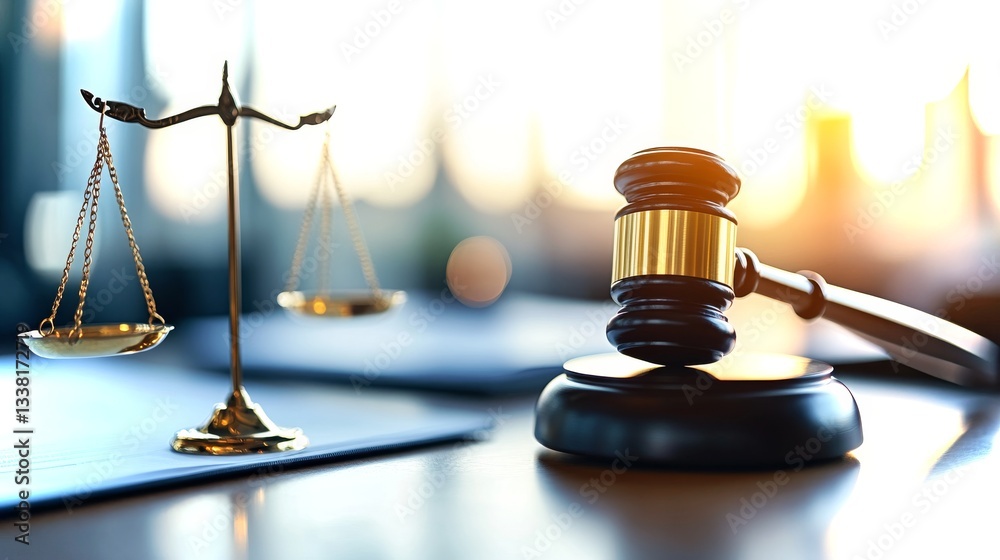 Justice system symbolized by scales and gavel with blurred court background during sunset Justice system symbolized by scales and gavel with blurred court background during sunset