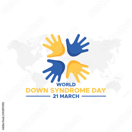 World Down Syndrome Day. 21 march World Down Syndrome day. World Down Syndrome Day. March 21. Yellow and blue palm sign. White background. Eps 10.