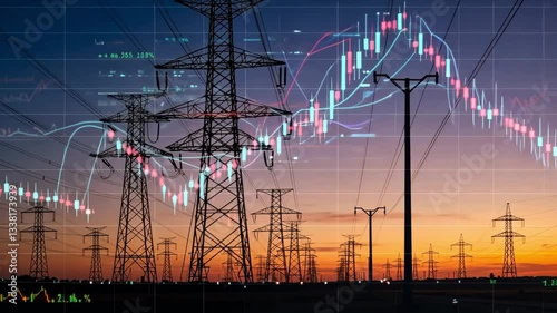 Silhouette of power lines and towers at sunset with superimposed financial chart overlaying the sky