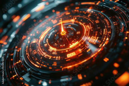 Wallpaper Mural Futuristic glowing orange and black circular technology interface with intricate details. Torontodigital.ca