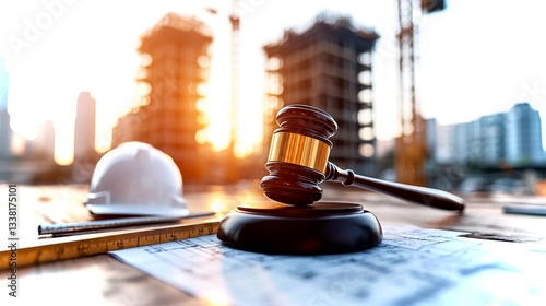 Justice being served with a gavel on a construction site under sunset