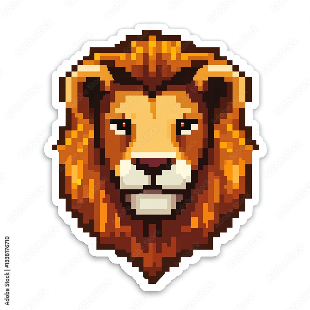 Obraz premium Majestic Lion Head: Pixel Art Sticker. A regal feline, rendered in a vibrant 8-bit style, against a clean white background.