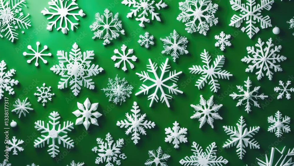 Green background featuring large and small snowflakes for Christmas. Green background featuring large and small snowflakes for Christmas.