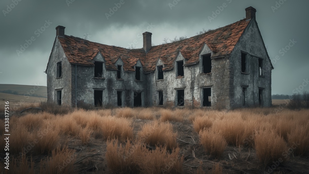 Fototapeta premium A large, old stone house with a slanted roof stands deserted and abandoned. The sky is overcast, and the grass appears dry.