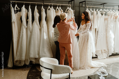A woman stands and smiles while listening to two women standing across from her holding a dress, in a bridal shop, during wedding preparations