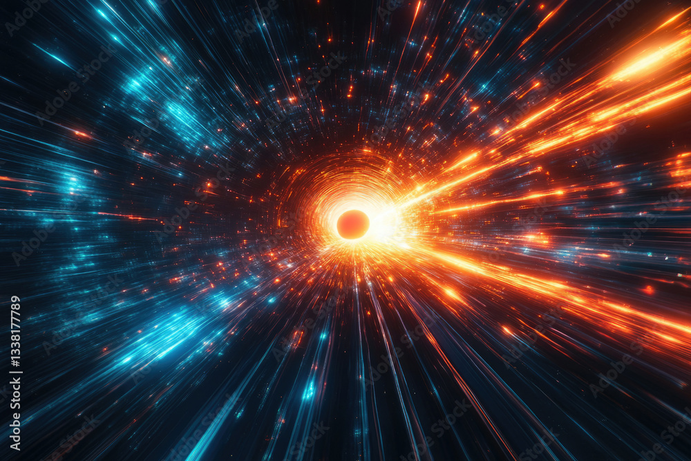 Obraz premium Abstract artwork depicting a vibrant, swirling tunnel of light, with streaks of orange and blue energy.