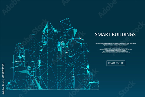 Smart building concept design for city illustration. Polygonal futuristic style. Intelligent building automation. Graphic concept for your design.