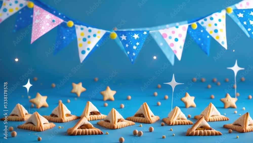 Obraz premium Happy Purim carnival decoration idea featuring sparkle stars and hamantaschen cookies against a pastel backdrop.