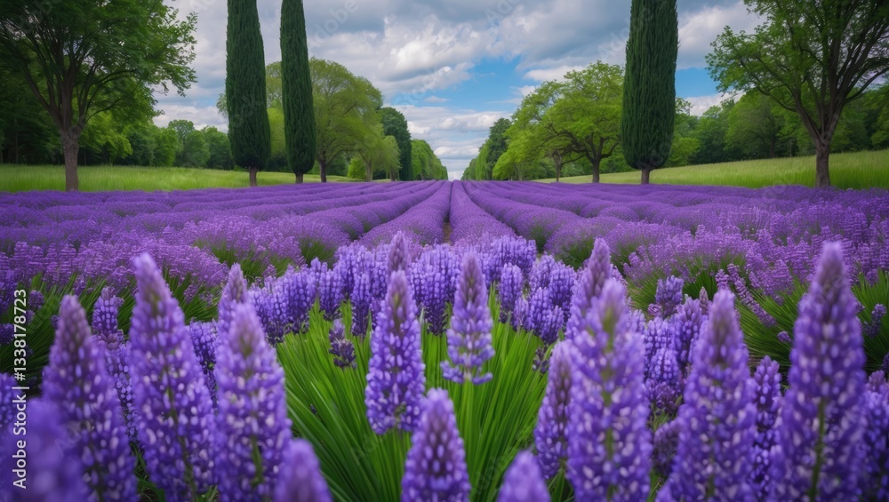 A breathtaking lavender field in full bloom, featuring vibrant purple rows extending to the horizon. A breathtaking lavender field in full bloom, featuring vibrant purple rows extending to the horizon.
