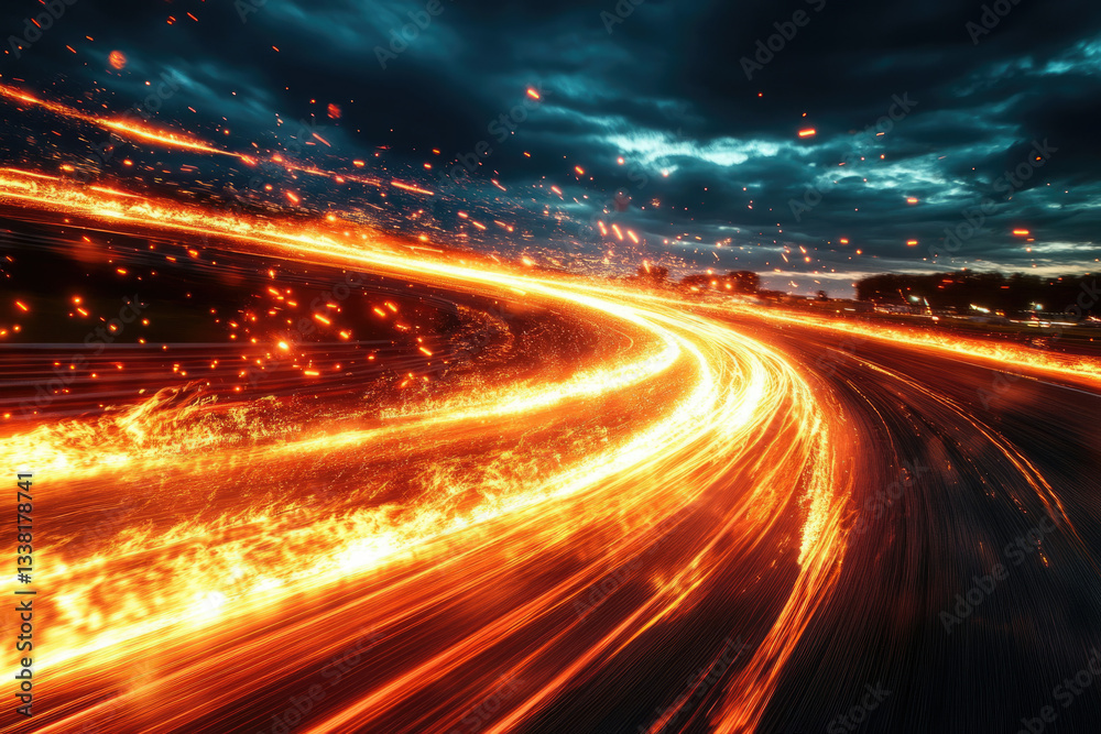 Fototapeta premium Fiery trails of a speeding car illuminate a race track at night, creating a dramatic and dynamic scene.