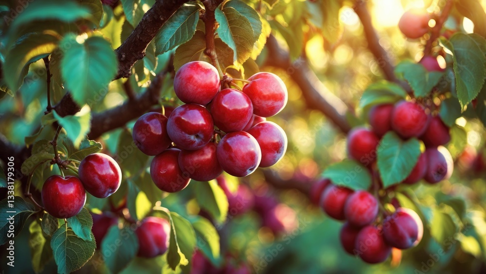 Obraz premium Abundant harvest of juicy ripe plums hanging on branches in an orchard. Close-up.