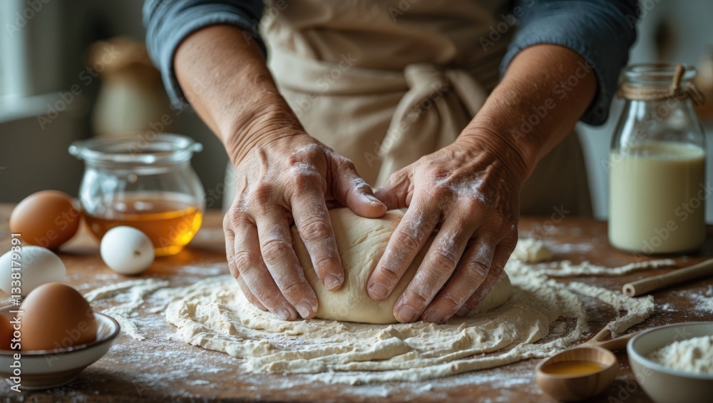 Fototapeta premium hands kneading dough, yeast, eggs, bakery ingredients, milk, honey in kitchen