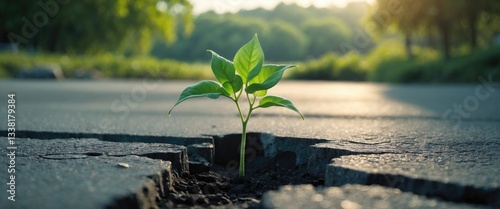 Fototapeta Naklejka Na Ścianę i Meble -  A small, resilient plant emerges through an opening in the asphalt, representing nature's persistence and adaptability.