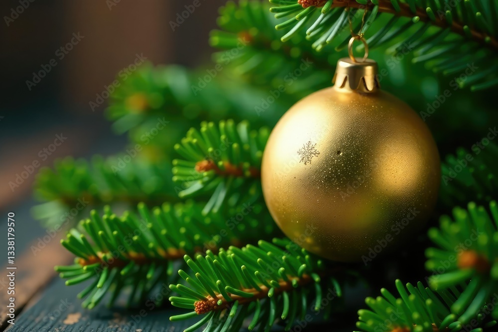 Fototapeta premium The golden ornament rests on a bed of lush green pine branches, spruce, pine