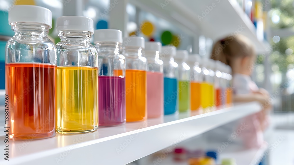 Liquid in Glass Bottles Displayed on Shelf with Colored Solution Liquid in Glass Bottles Displayed on Shelf with Colored Solution