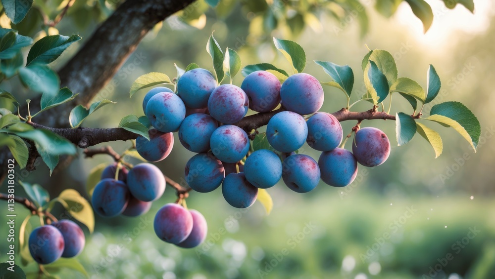 A plum tree in a garden. Branch of plums with ripe fruits in the orchard. Natural backdrop with space for text. A plum tree in a garden. Branch of plums with ripe fruits in the orchard. Natural backdrop with space for text.