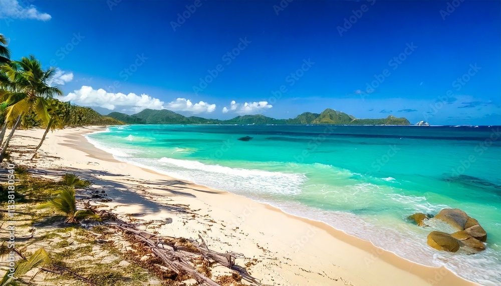 serene beach scene where the turquoise waves gently lap the shore, surrounded serene beach scene where the turquoise waves gently lap the shore, surrounded