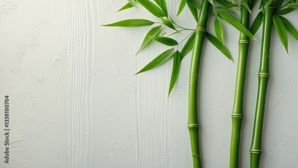 Obraz premium Green bamboo stalks on a white wooden surface, viewed from above. Room for text.
