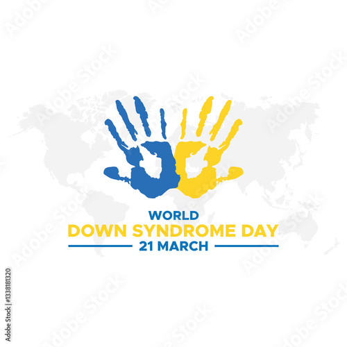 World Down Syndrome Day. 21 march World Down Syndrome day. World Down Syndrome Day. March 21. Yellow and blue palm sign. White background. Eps 10.