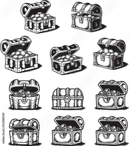 Hand drawn treasure chest with gold coins illustration