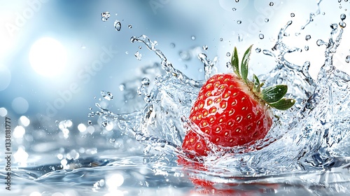 A fresh strawberry plunging into crystal clear water