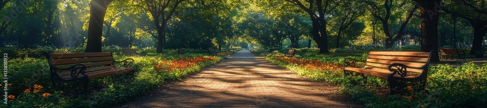 Naklejka premium A peaceful green park with benches and flowers in full bloom sunlight streaming through trees. Generative AI