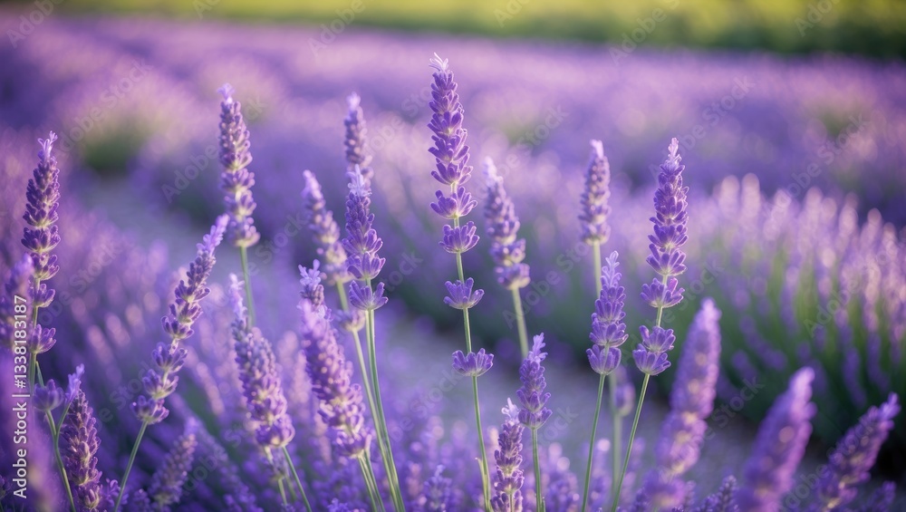 Obraz premium A breathtaking lavender field in full bloom with lively purple rows extending into the horizon.