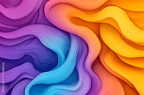 Colorful abstract background with wavy paper-cut shapes in purple, orange, and blue colors.