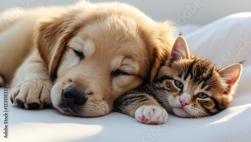 Wallpaper Mural Golden retriever puppy and kitten sleeping side by side. Isolated on a white background. Torontodigital.ca