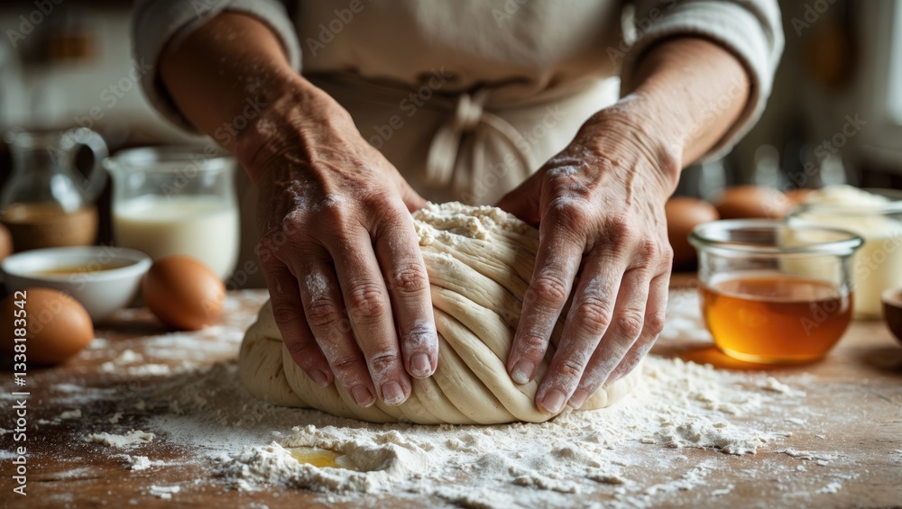hands kneading dough, incorporating flour, yeast, eggs, and bakery ingredients such as milk and honey in the kitchen hands kneading dough, incorporating flour, yeast, eggs, and bakery ingredients such as milk and honey in the kitchen